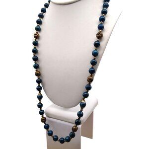 Vintage Silk Strung Necklace, Indigo Blue Polished Apatite Stone and Brass Beads